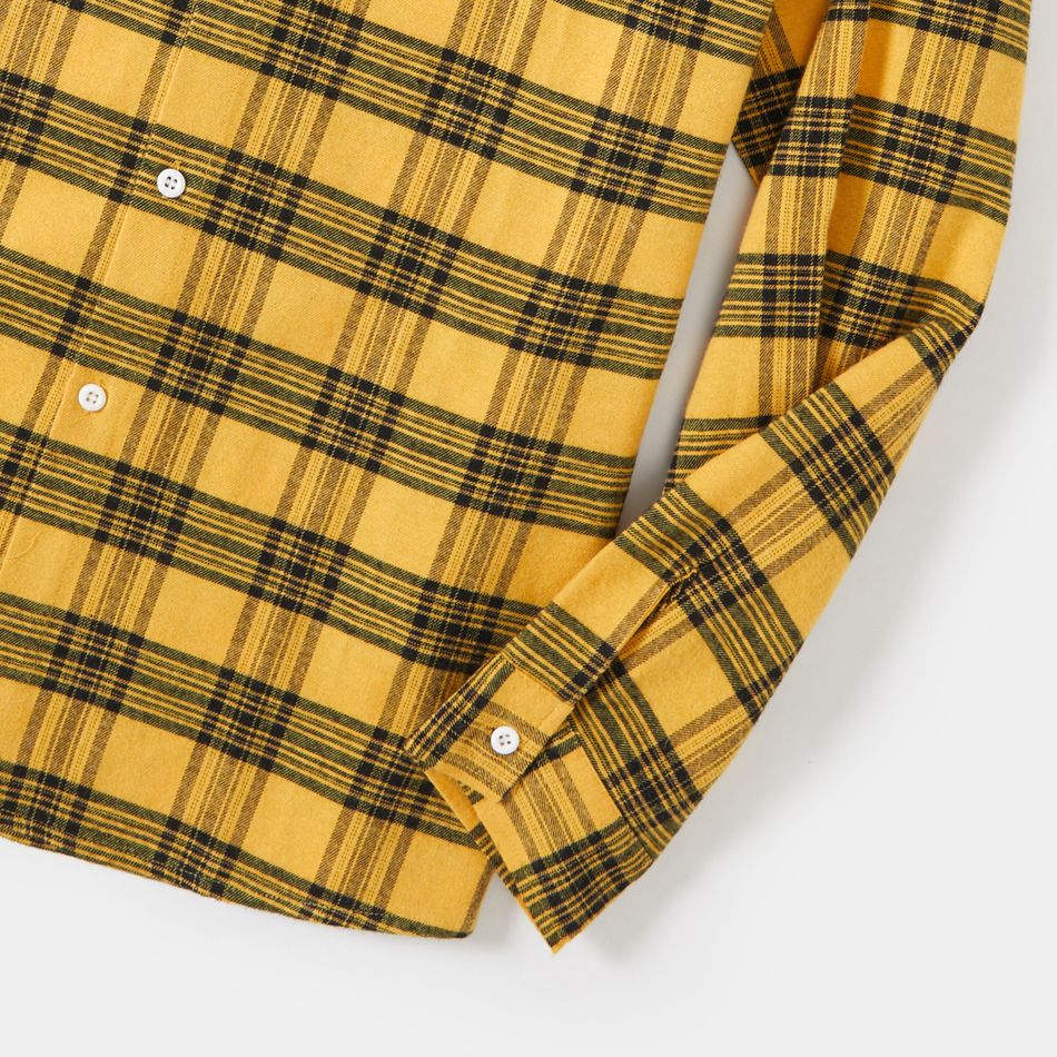 Family Matching Yellow Plaid Spliced Belted Asymmetric Hem Dresses and Long-sleeve Button Up Shirts Sets Yellow big image 12
