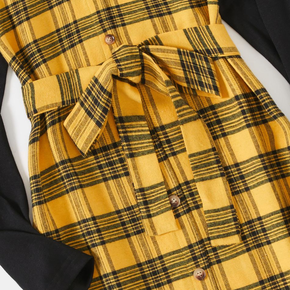 Family Matching Yellow Plaid Spliced Belted Asymmetric Hem Dresses and Long-sleeve Button Up Shirts Sets Yellow big image 4