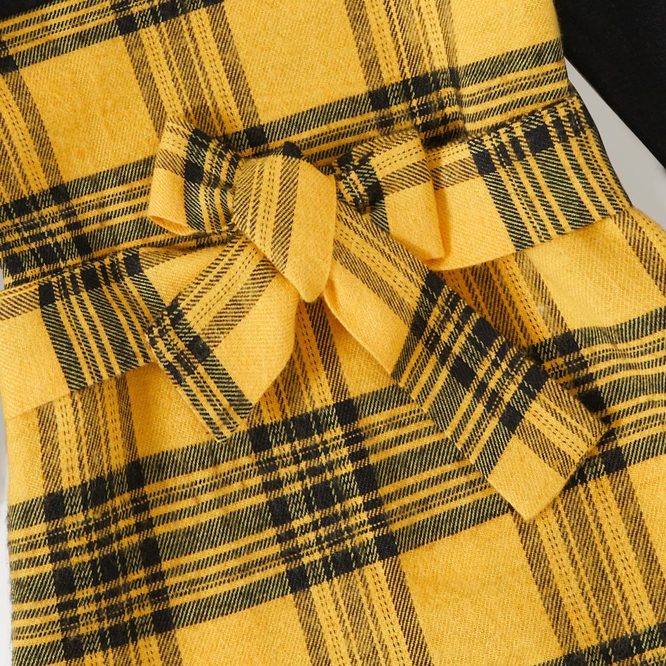 Family Matching Yellow Plaid Spliced Belted Asymmetric Hem Dresses and Long-sleeve Button Up Shirts Sets Yellow big image 9