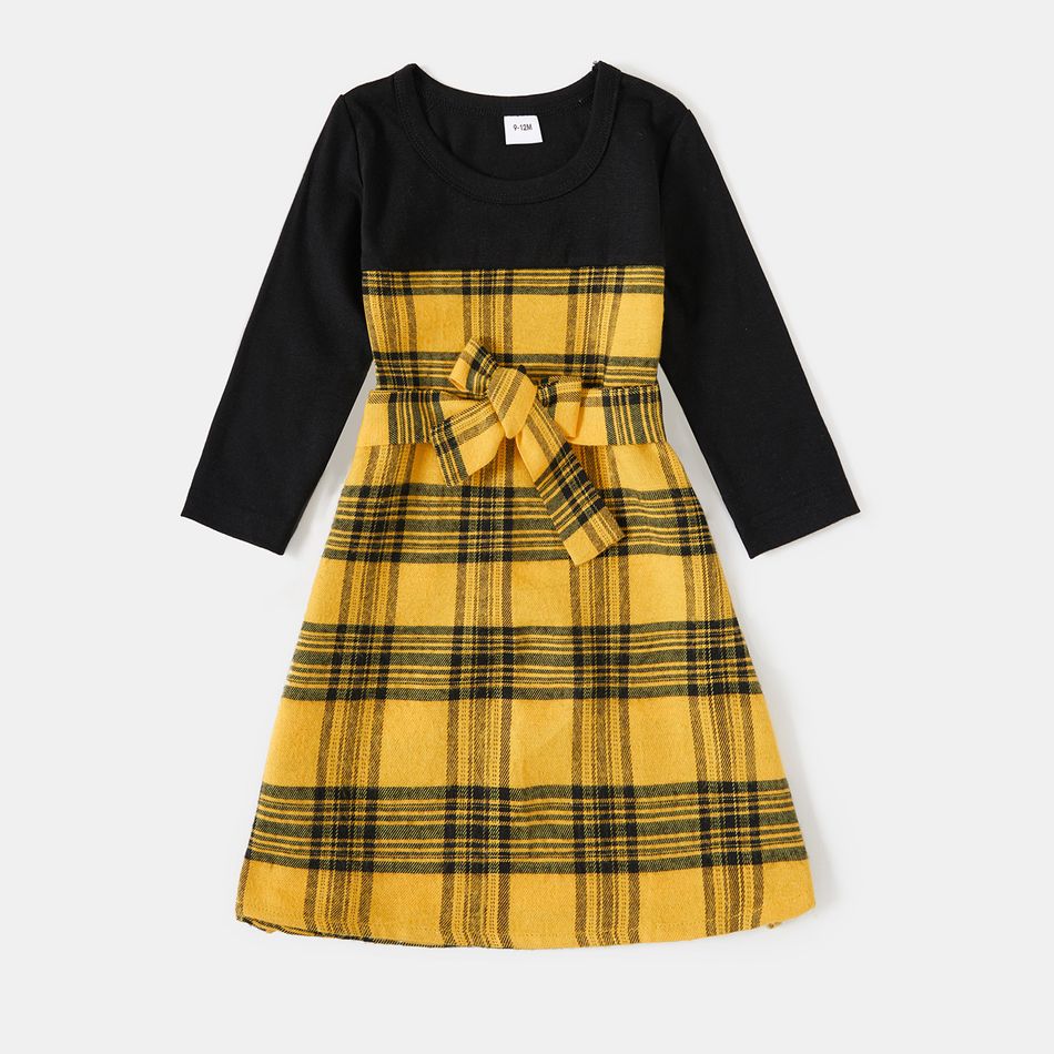 Family Matching Yellow Plaid Spliced Belted Asymmetric Hem Dresses and Long-sleeve Button Up Shirts Sets Yellow big image 8