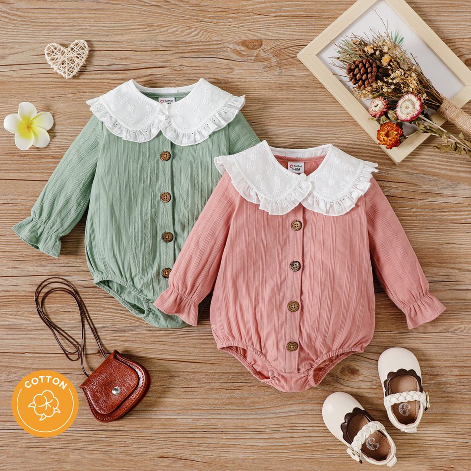 100% Cotton 2pcs Baby Girl Button Front Long-sleeve Romper with Detachable Collar Set darkpink big image 2