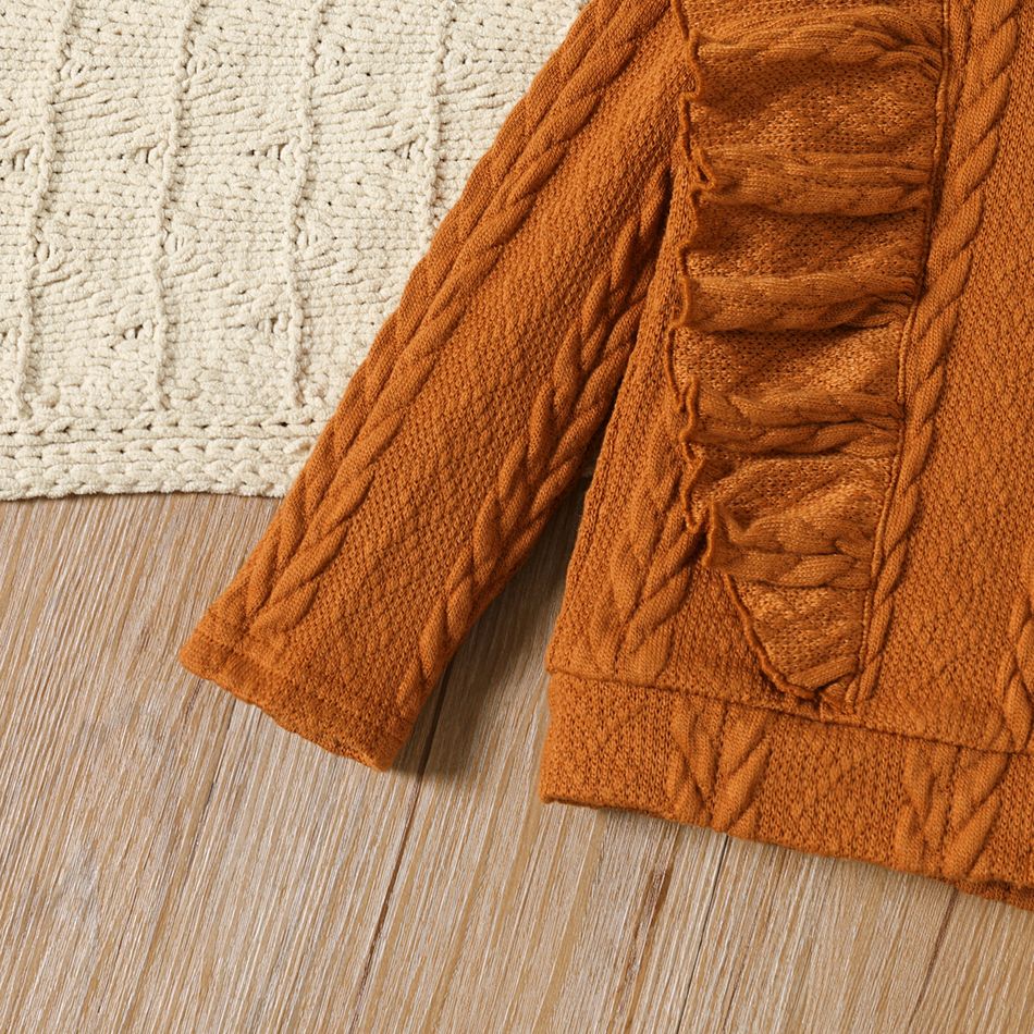 Toddler Girl Solid Knitted Ruffle Decor Long-sleeve Coat Cardigan Brown big image 3