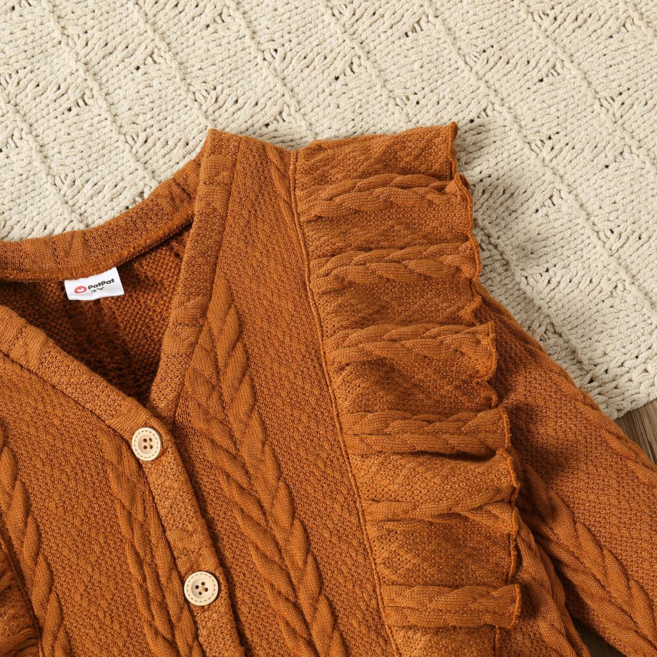 Toddler Girl Solid Knitted Ruffle Decor Long-sleeve Coat Cardigan Brown big image 4