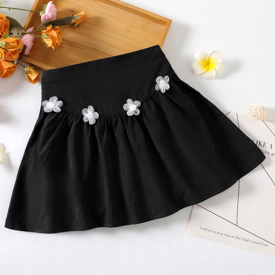 Kid Girl Sweet 3D Floral Decor Black Skirt Black big image 1