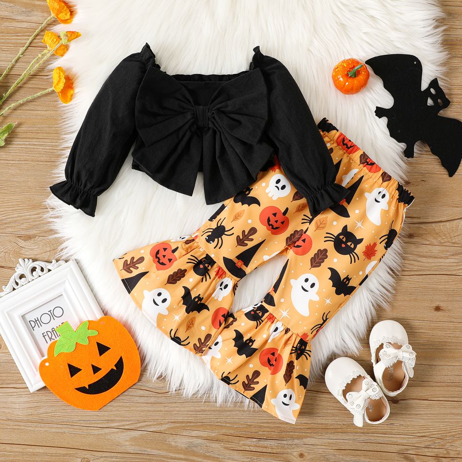 Halloween 2pcs Baby Girl Long-sleeve Bow Front Crop Top and Allover Print Flared Pants Set Color block
