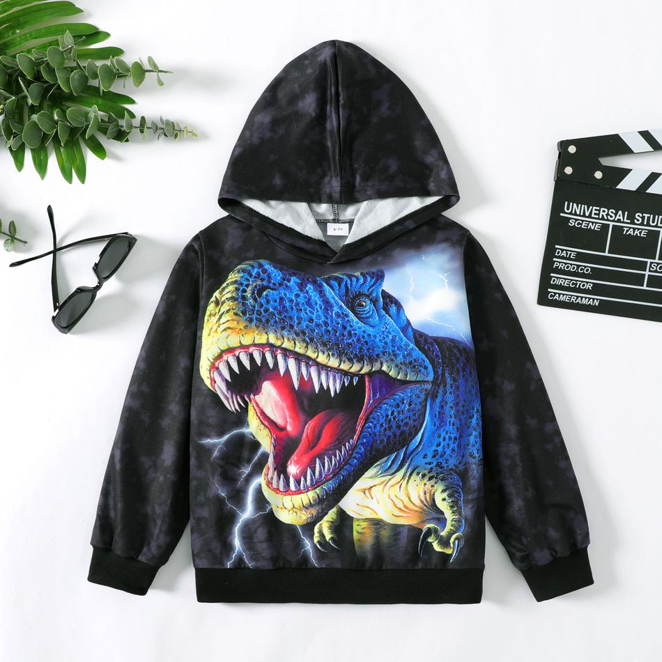 Kid Boy Animal Dinosaur Print Tie Dyed Hoodie Sweatshirt Black