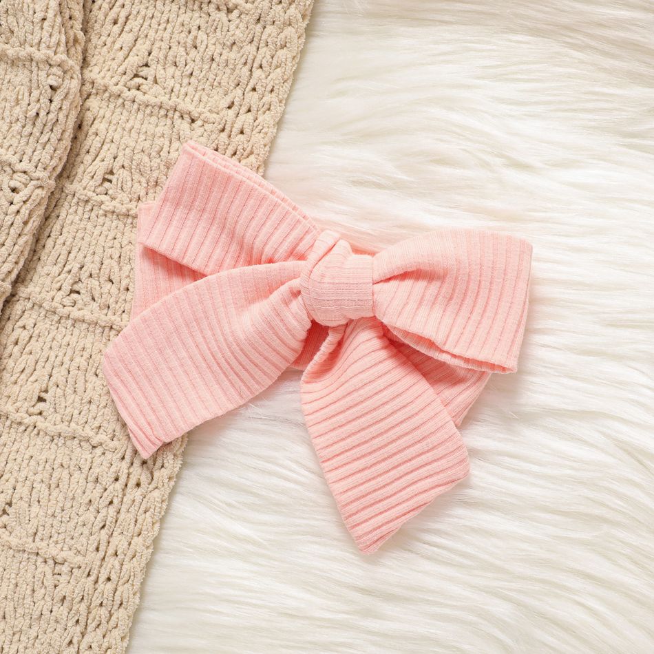 2pcs Baby Girl Solid Rib Knit Spliced Lace Long-sleeve Romper with Headband Set Pink big image 4