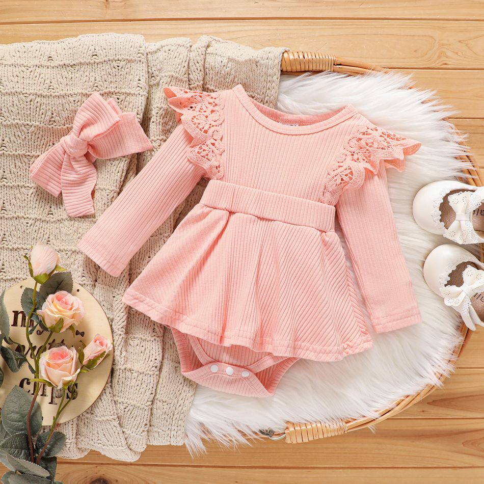 2pcs Baby Girl Solid Rib Knit Spliced Lace Long-sleeve Romper with Headband Set Pink