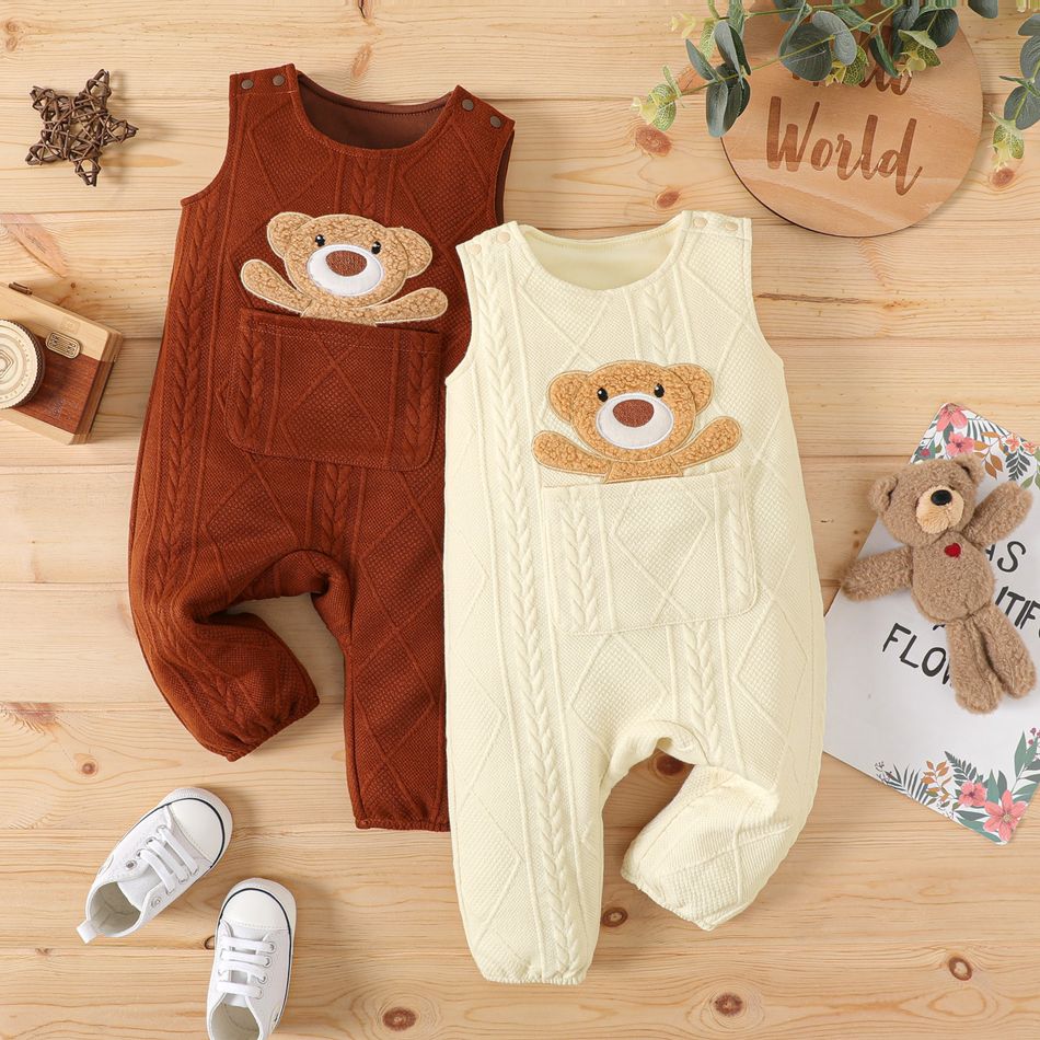 Baby Boy Bear Embroidered Textured Sleeveless Tank Jumpsuit Brown big image 2