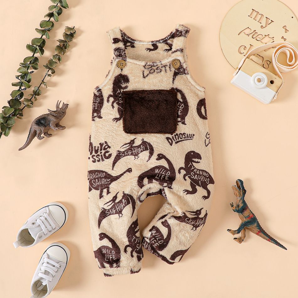 Baby Boy Allover Dinosaur & Letter Print Fuzzy Overalls with Contrast Pocket Color block