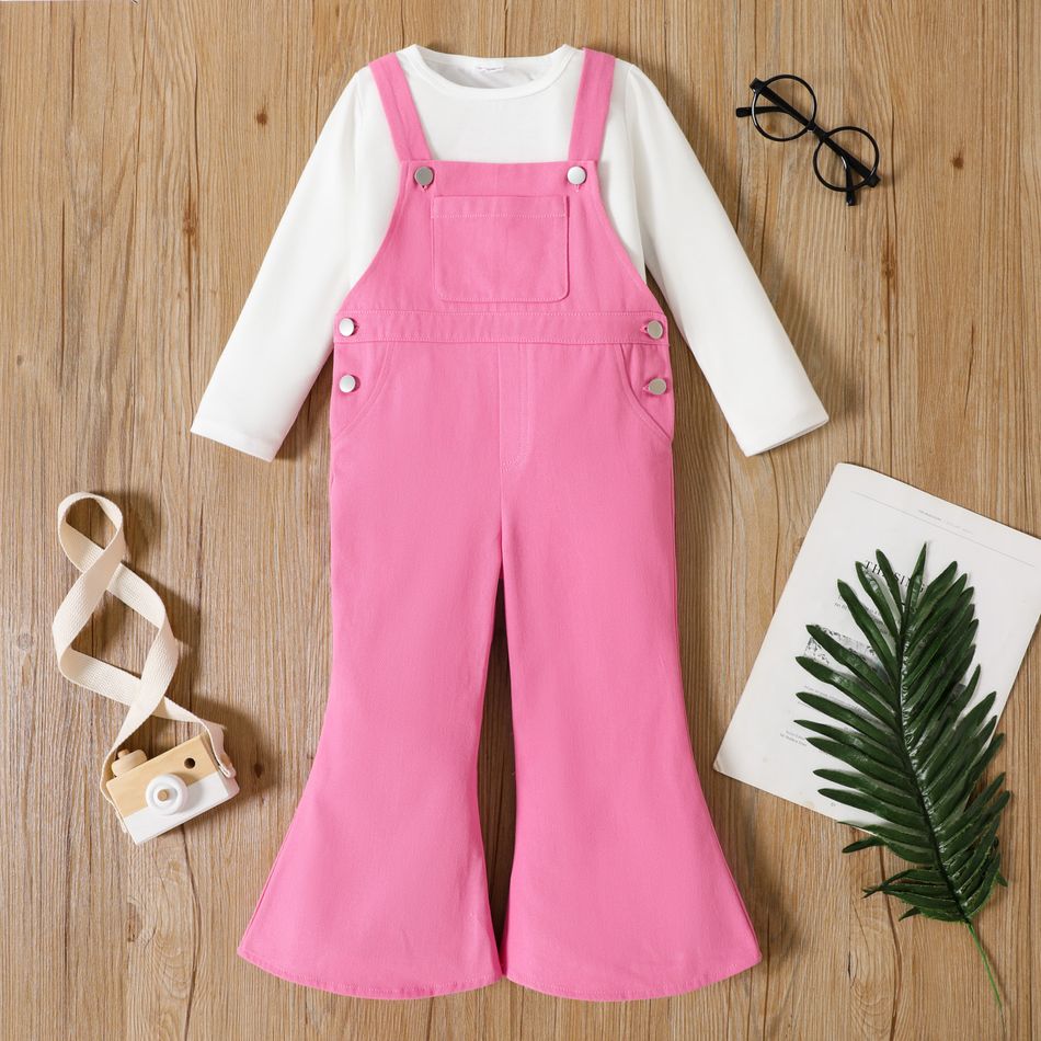 2pcs Toddler Girl Long-sleeve White Tee and Button Design Pink Flared Overalls Set Pink big image 1