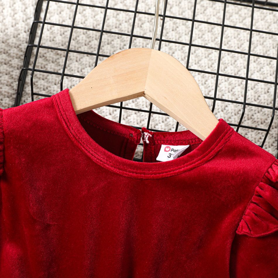 Toddler Girl Christmas Velvet Plaid Splice Bowknot Design Long-sleeve Dress Red big image 3