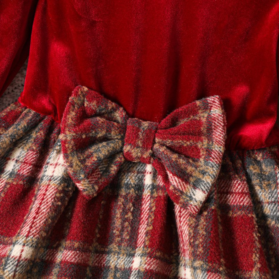 Toddler Girl Velvet Plaid Splice Bowknot Design Long-sleeve Dress Red big image 4