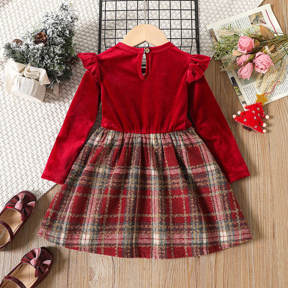Toddler Girl Christmas Velvet Plaid Splice Bowknot Design Long-sleeve Dress Red big image 2
