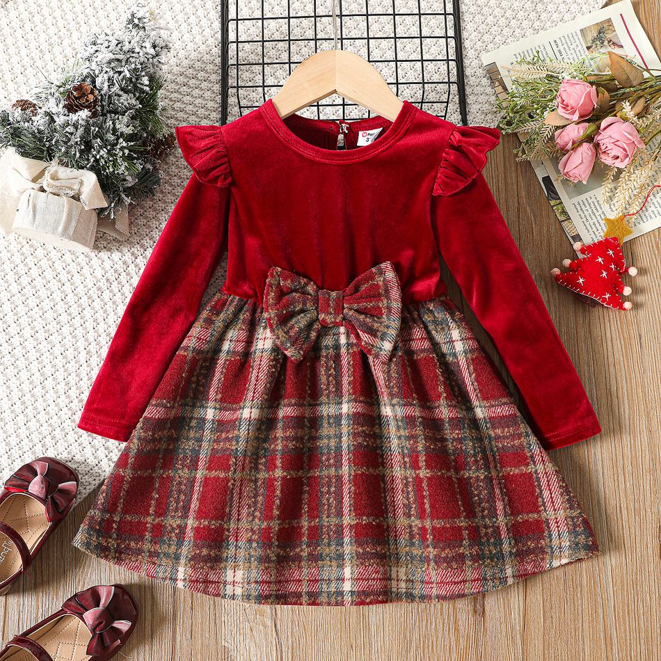 Toddler Girl Christmas Velvet Plaid Splice Bowknot Design Long-sleeve Dress Red