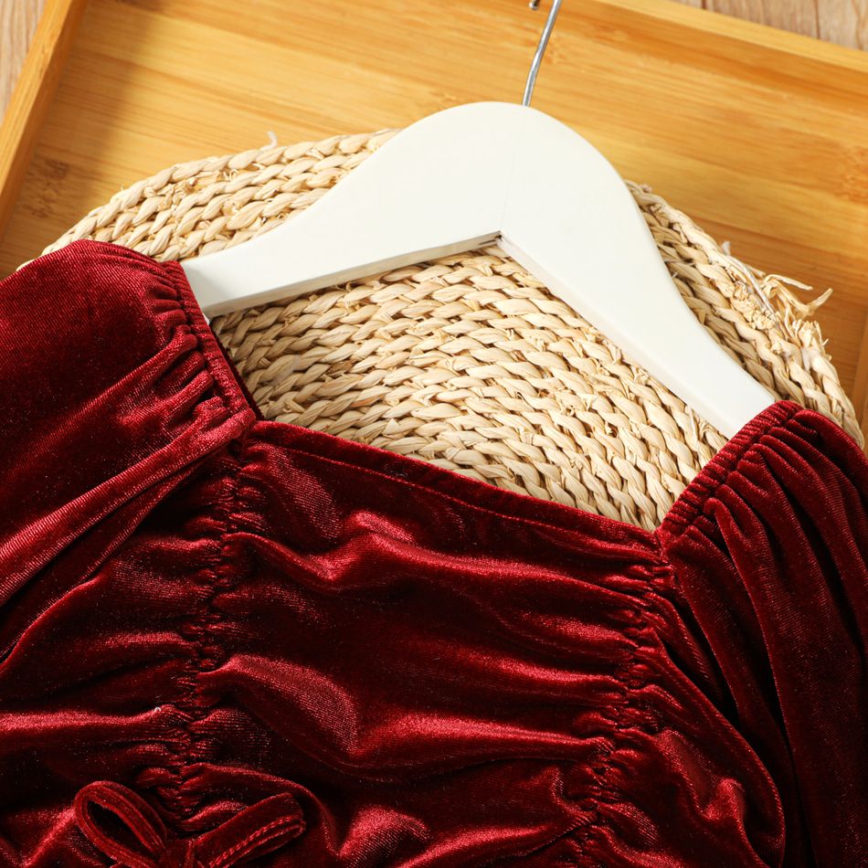 Toddler Girl Bowknot Design Square Neck Ruched Long-sleeve Velvet Red Dress MAROON big image 3
