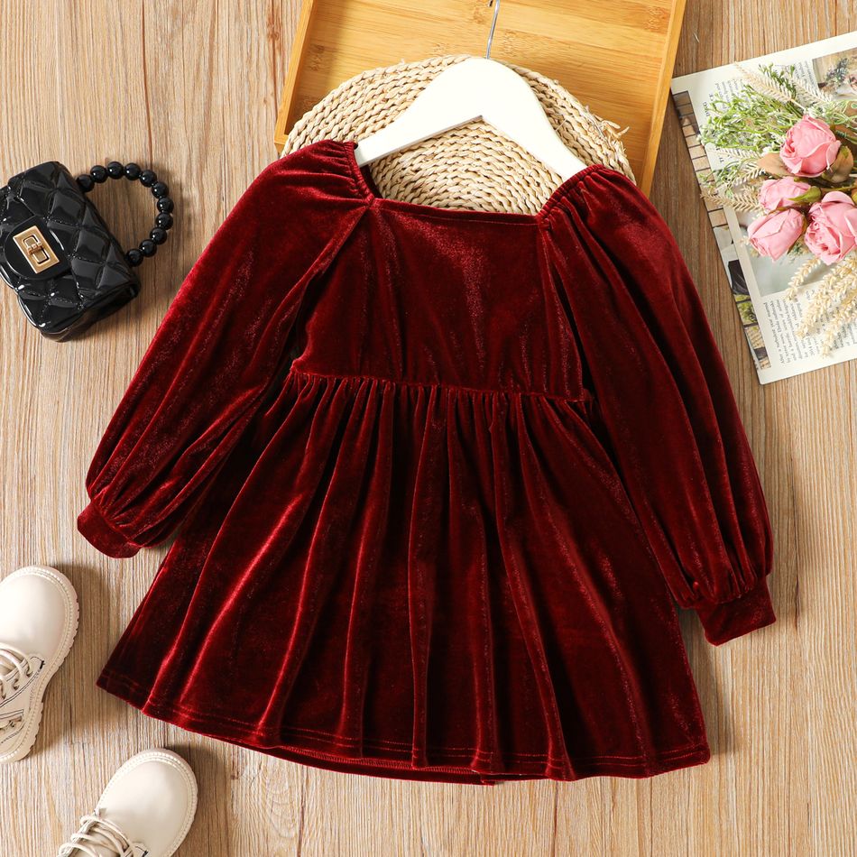 Toddler Girl Bowknot Design Square Neck Ruched Long-sleeve Velvet Red Dress MAROON big image 2