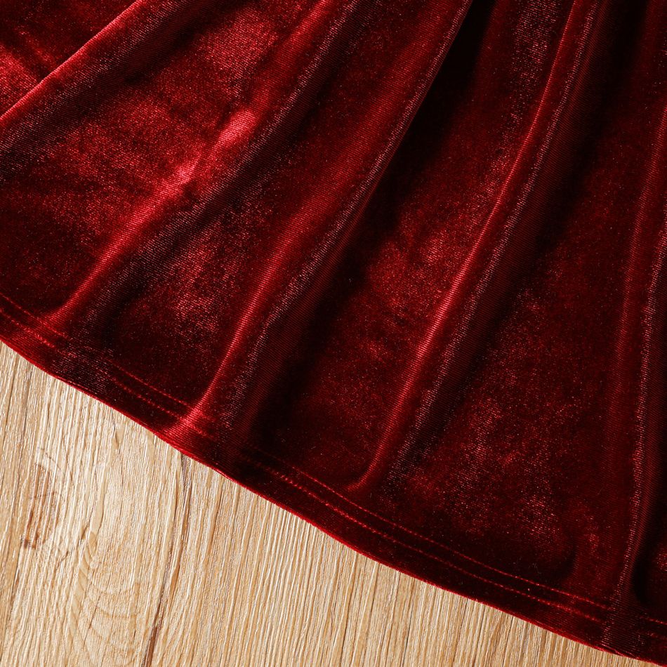 Toddler Girl Bowknot Design Square Neck Ruched Long-sleeve Velvet Red Dress MAROON