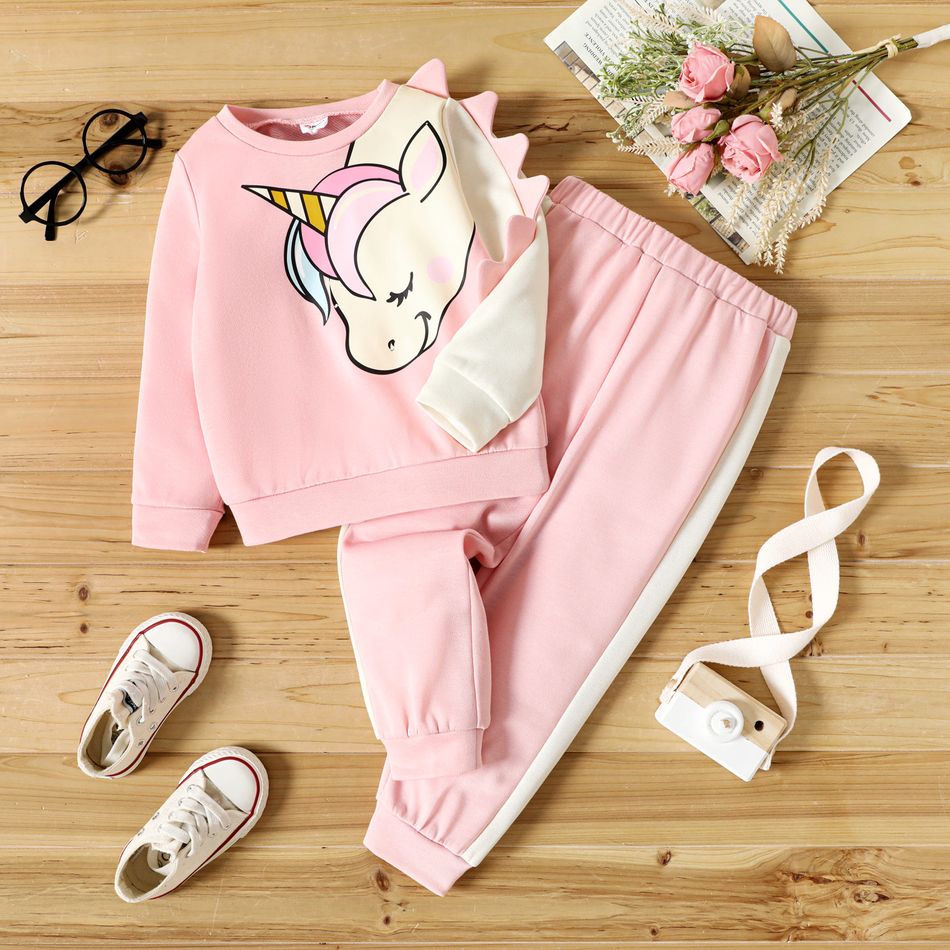 2pcs Toddler Girl Unicorn Print Spike Design Pink Sweatshirt and Pants Set pink big image 1