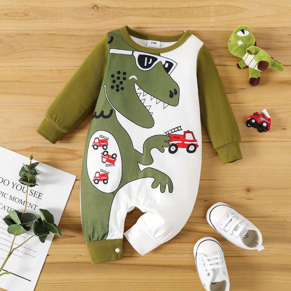 Baby Boy 95% Cotton Long-sleeve Cartoon Dinosaur & Vehicle Print Jumpsuit Army green