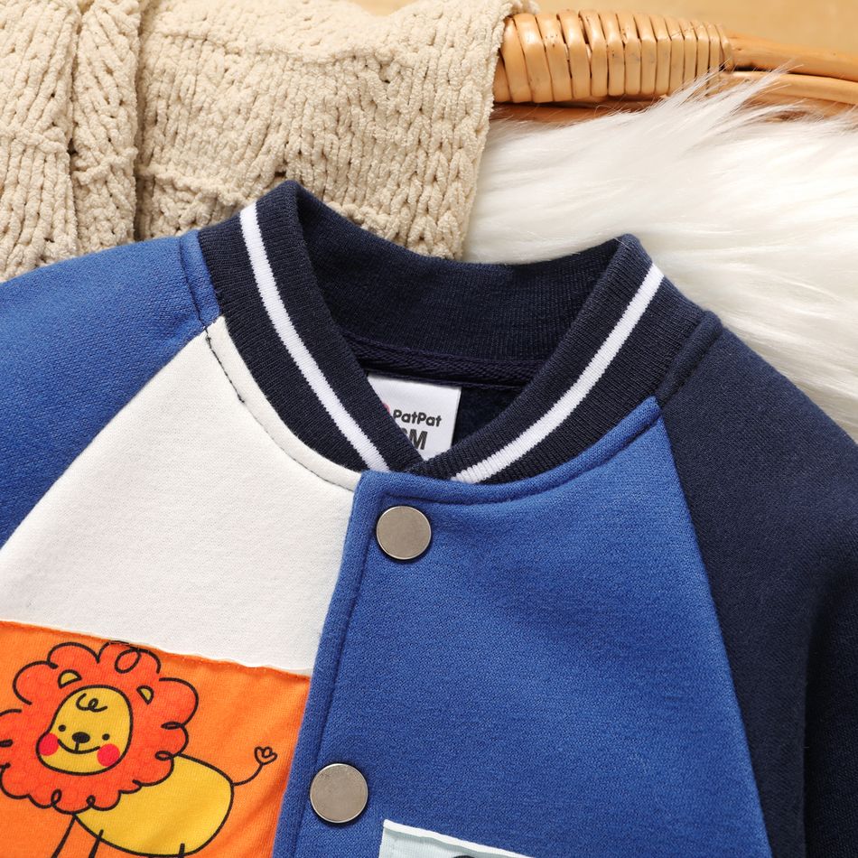 100% Cotton Baby Boy Colorblock Animal Print Patch Detail Raglan-sleeve Bomber Jacket Blue big image 3