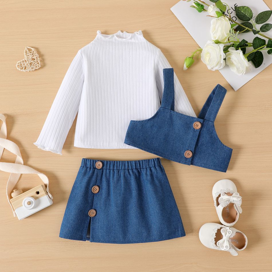3pcs Baby Girl 100% Cotton Denim Vest and Skirt with Long-sleeve Rib Knit Mock Neck Top Set MultiColour big image 3