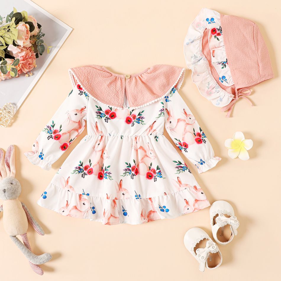 2pcs Baby Girl Ruffle Collar Floral Print Long-sleeve Dress with Hat Set Color block big image 2