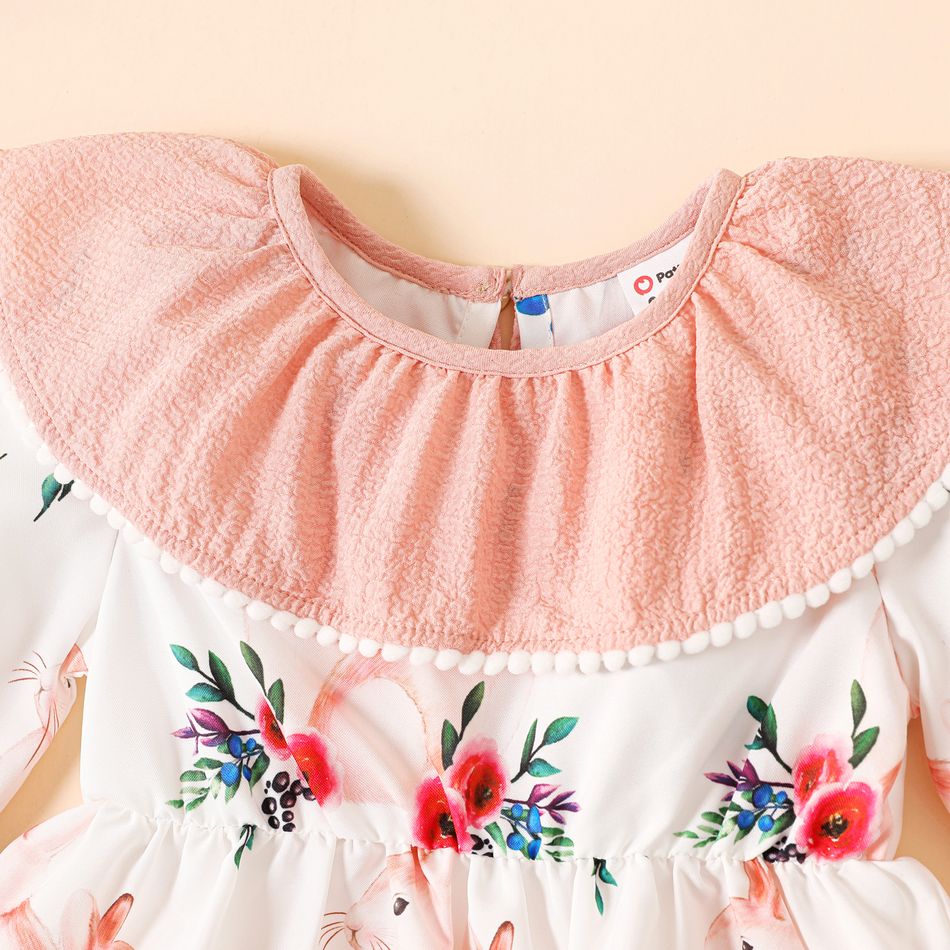 2pcs Baby Girl Ruffle Collar Floral Print Long-sleeve Dress with Hat Set Color block big image 3