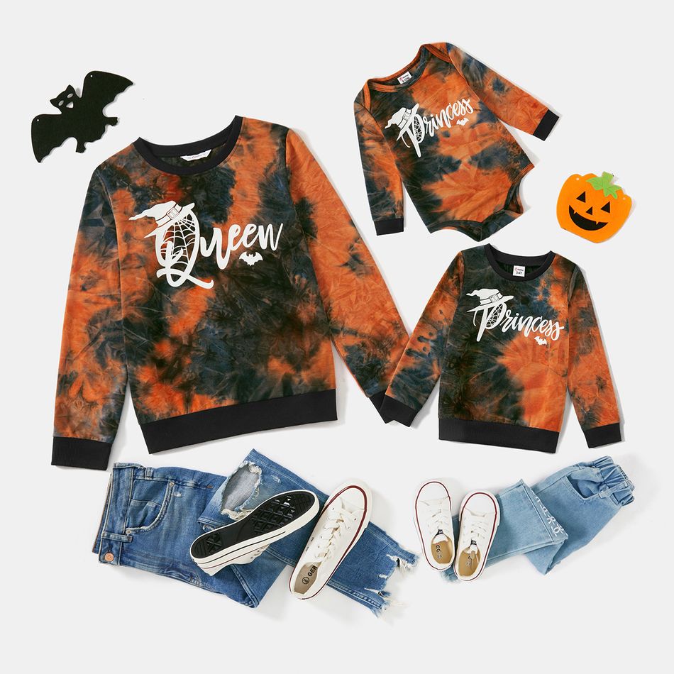 Halloween Glow In The Dark Witch Hat & Letter Print Tie Dye Long-sleeve Sweatshirts for Mom and Me Black
