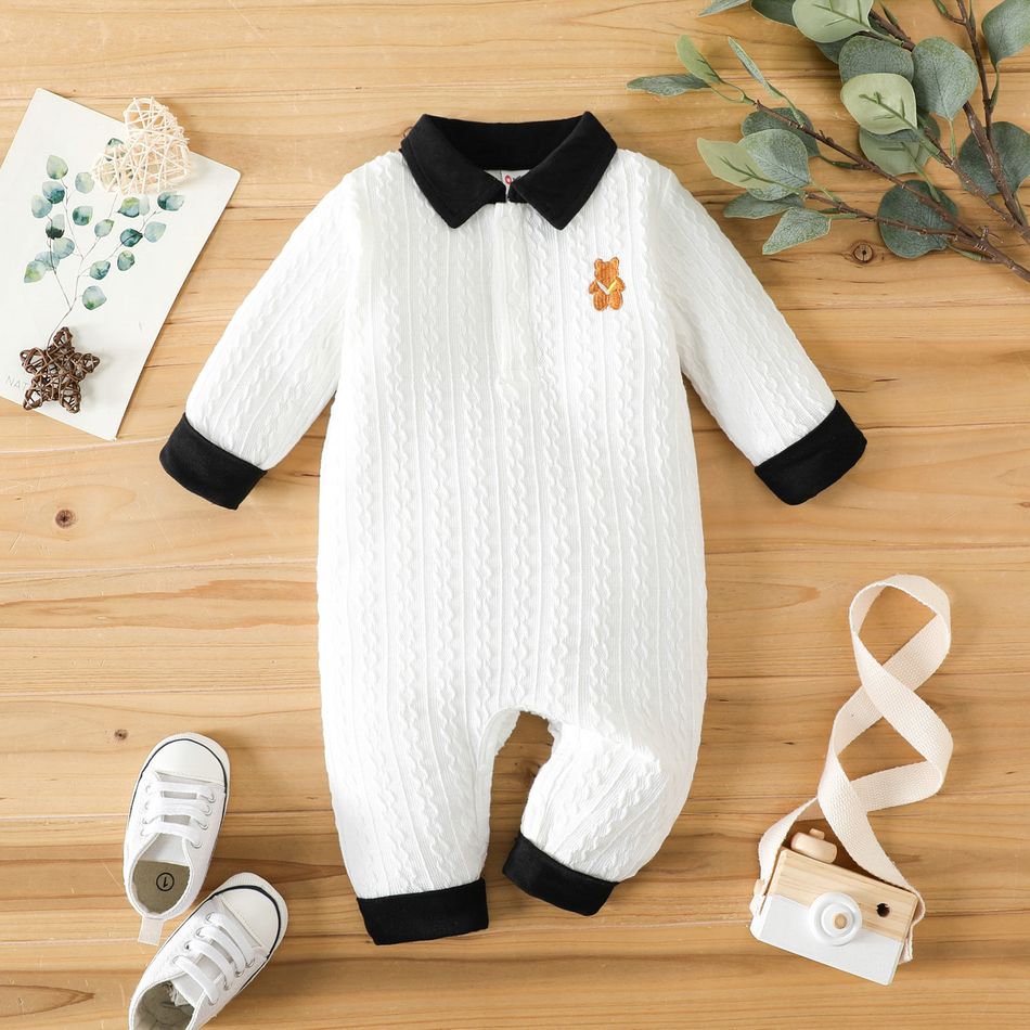 Baby Boy Bear Decor Contrast Collar Cable Knit Long-sleeve Jumpsuit White big image 2