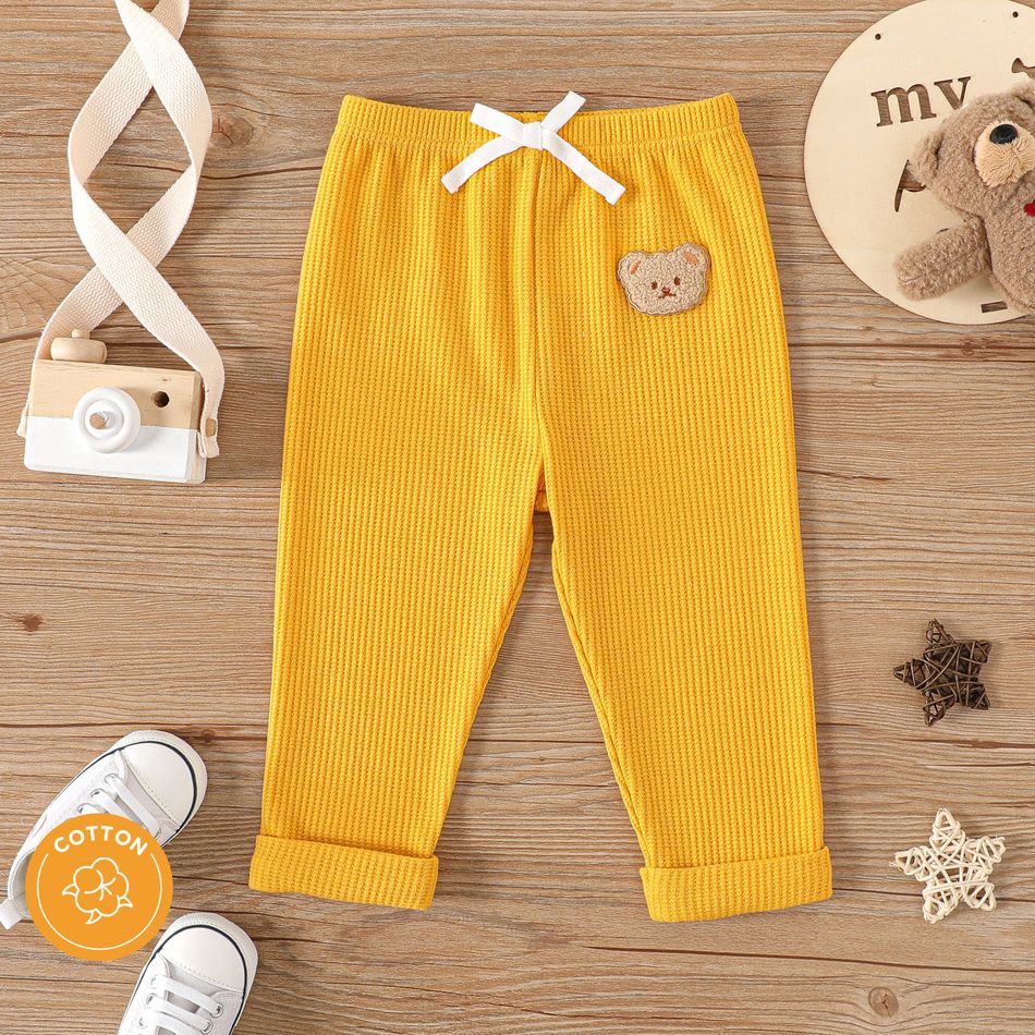 2-Pack Baby Boy Bear Detail Bow Front Solid Waffle Pants Set MultiColour big image 3