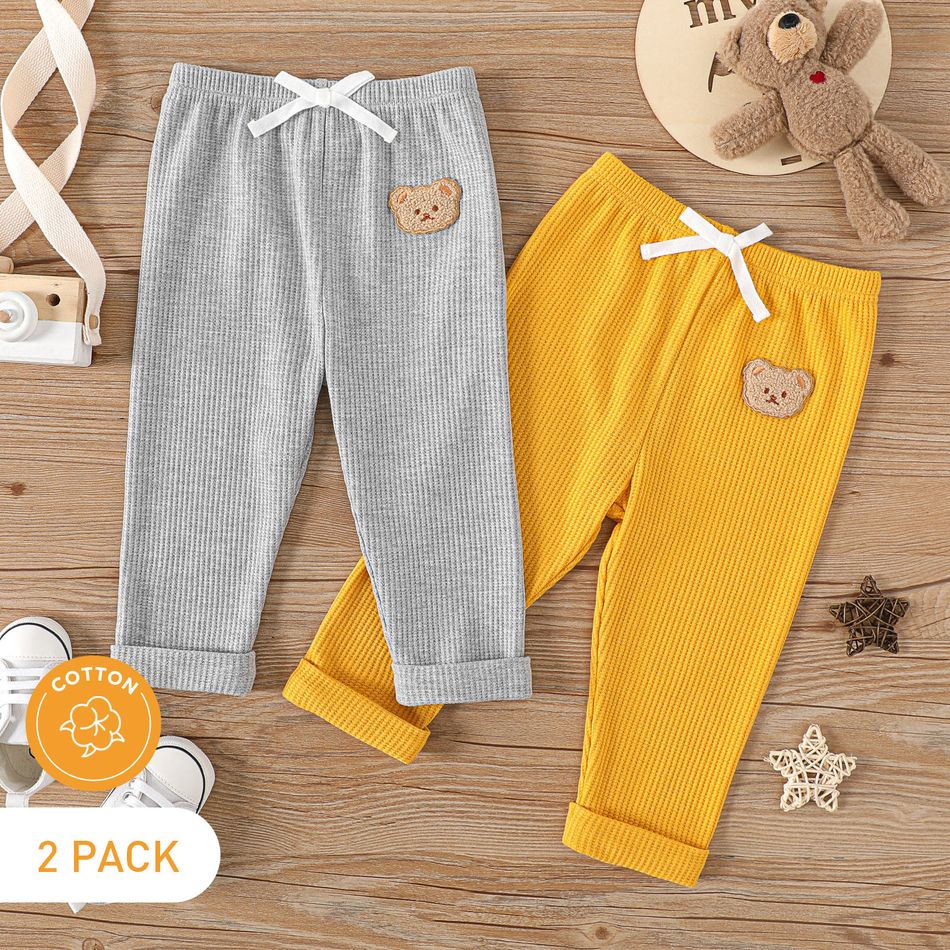 2-Pack Baby Boy Bear Detail Bow Front Solid Waffle Pants Set MultiColour big image 2