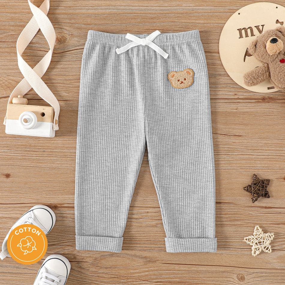 2-Pack Baby Boy Bear Detail Bow Front Solid Waffle Pants Set MultiColour big image 1