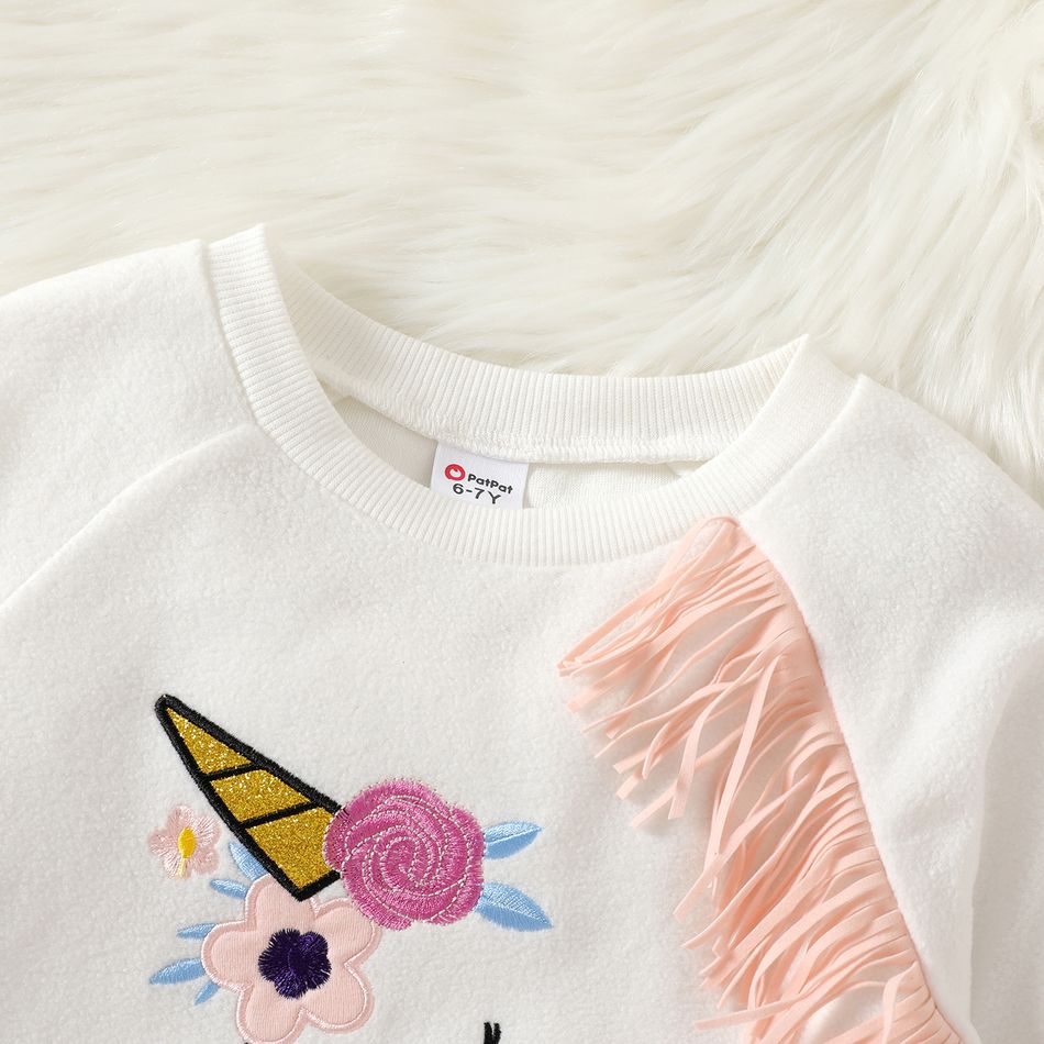 2pcs Kid Girl Animal Unicorn Print Tassel Fleece Sweatshirt and Floral Print Leggings Set White big image 3