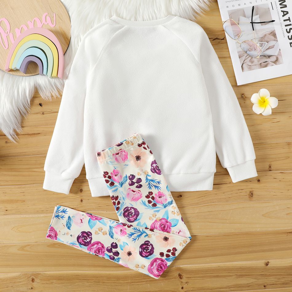 2pcs Kid Girl Animal Unicorn Print Tassel Fleece Sweatshirt and Floral Print Leggings Set White big image 2