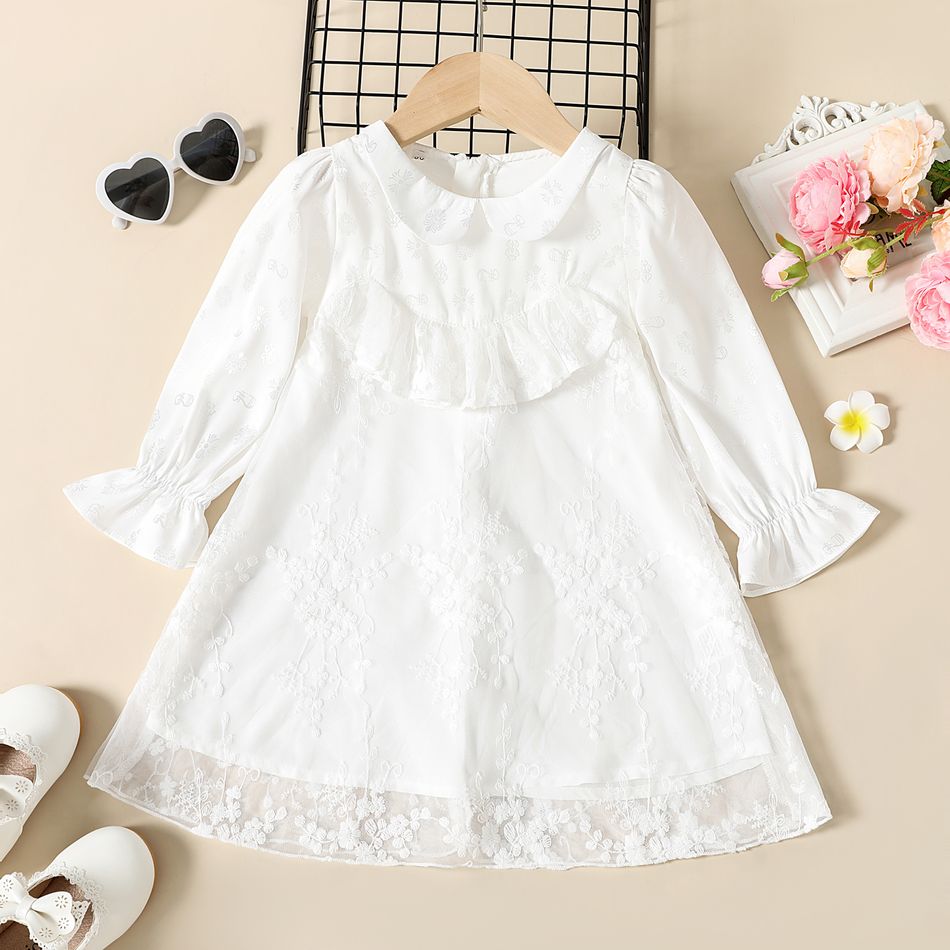 فتاة صغيرة الأزهار شبكة الطبقات طوق دمية فستان طويل الأكمام الأبيض أبيض
