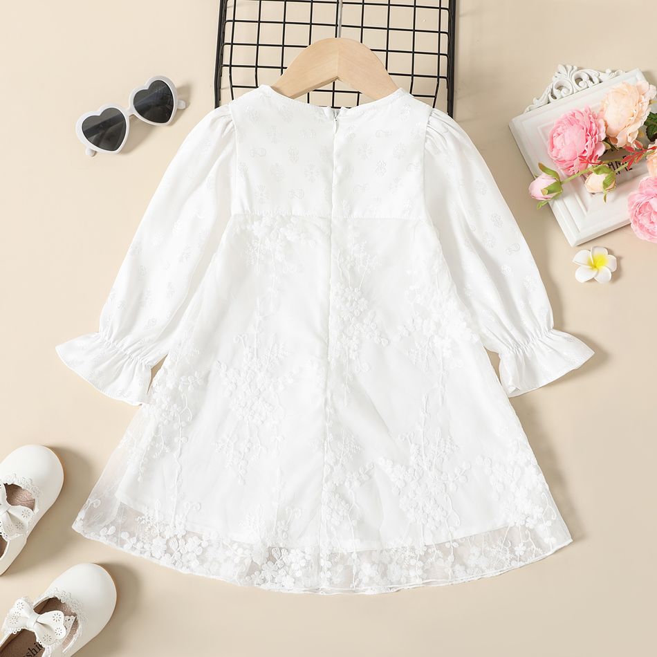 فتاة صغيرة الأزهار شبكة الطبقات طوق دمية فستان طويل الأكمام الأبيض أبيض big image 2