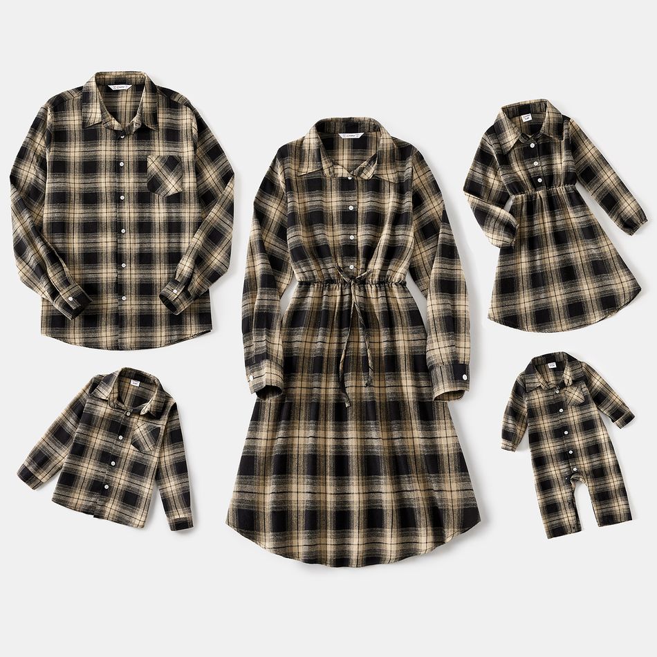 Family Matching Long-sleeve Button Front Plaid Shirts and Dresses Sets Apricot Yellow big image 4