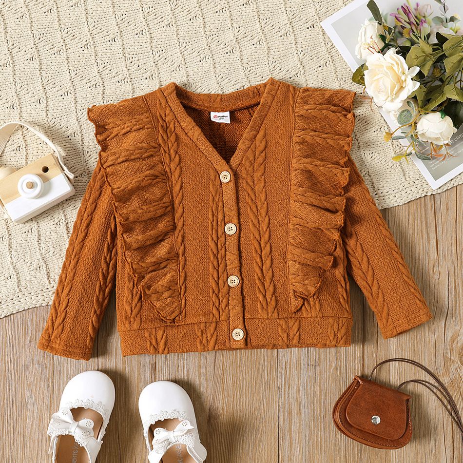 Toddler Girl Solid Knitted Ruffle Decor Long-sleeve Coat Cardigan Brown big image 1