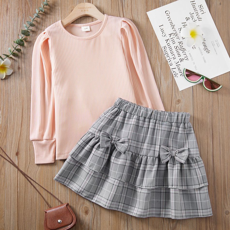 2pcs Kid Girl Ribbed Long-sleeve Pink Tee and 3D Bowknot Plaid Layered Skirt Set Light Pink