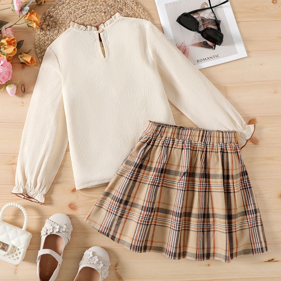 2pcs Kid Girl Preppy style Ruffle Collar Bowknot Design Long-sleeve Blouse and Plaid Pleated Skirt Set Beige big image 2