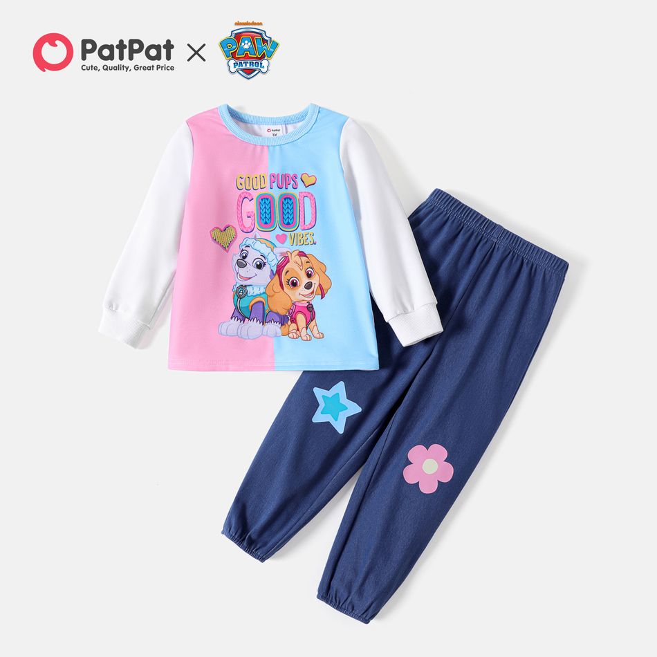 Paw Patrol 2pcs Toddler Girl Floral Print Colorblock Cotton Sweatshirt and Pants Set White