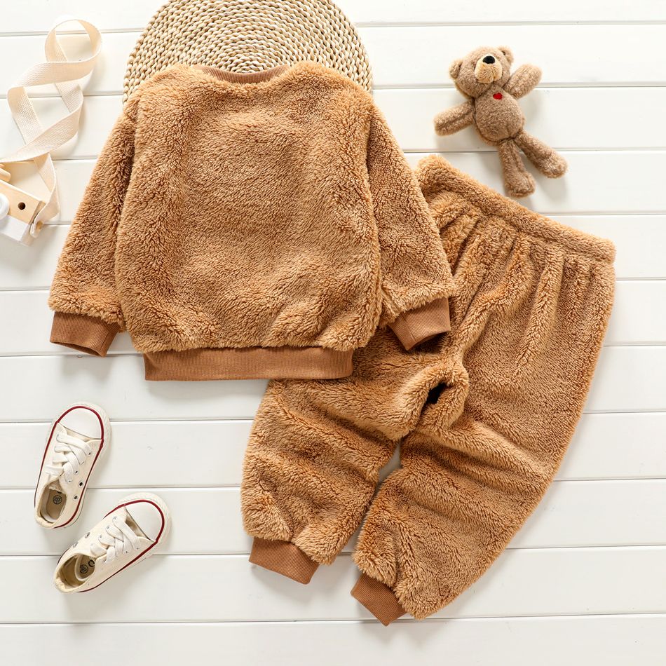 2pcs Toddler Boy Bear Pattern Fleece Brown Pullover Sweatshirt and Pants set Brown big image 2