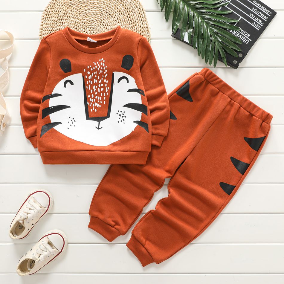 2pcs Toddler Boy Animal Tiger Print Pullover Sweatshirt and Pants Set Caramel