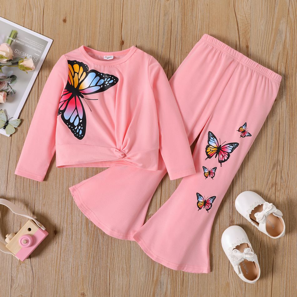 2-piece Toddler Girl Butterfly Print Long-sleeve Pullover Top and Bellbottom Pants Pink Set pink big image 1