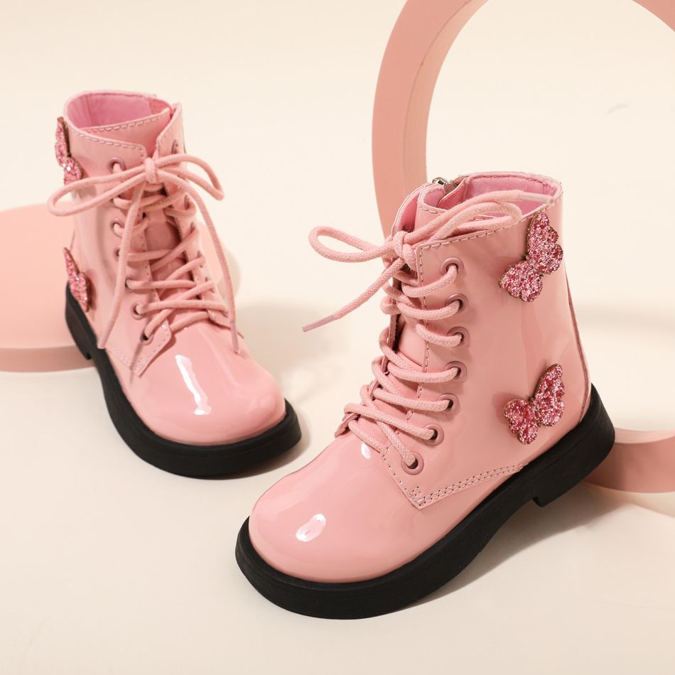 Toddler / Kid Sequin Butterfly Decor Lace Up Side Zipper Boots Pink big image 1