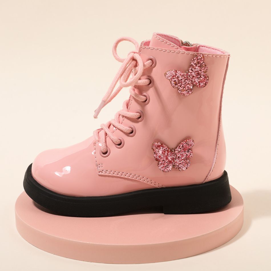 Toddler / Kid Sequin Butterfly Decor Lace Up Side Zipper Boots Pink big image 3
