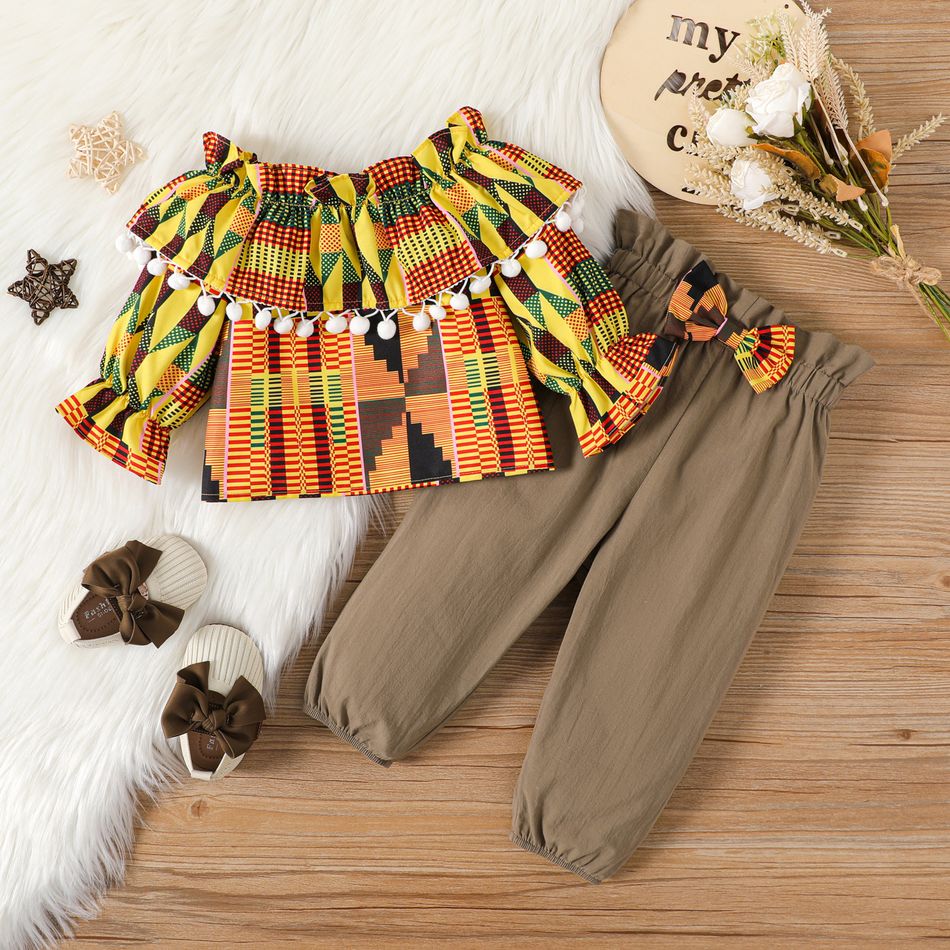 2pcs Baby Girl 100% Cotton Bow Front Pants and Allover Geo Print Ruffle Pom Poms Detail Long-sleeve Top Set ColorBlock