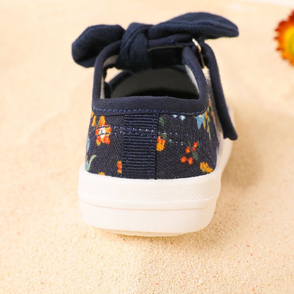 Toddler / Kid Floral Pattern Bow Velcro Canvas Shoes Dark Blue big image 3
