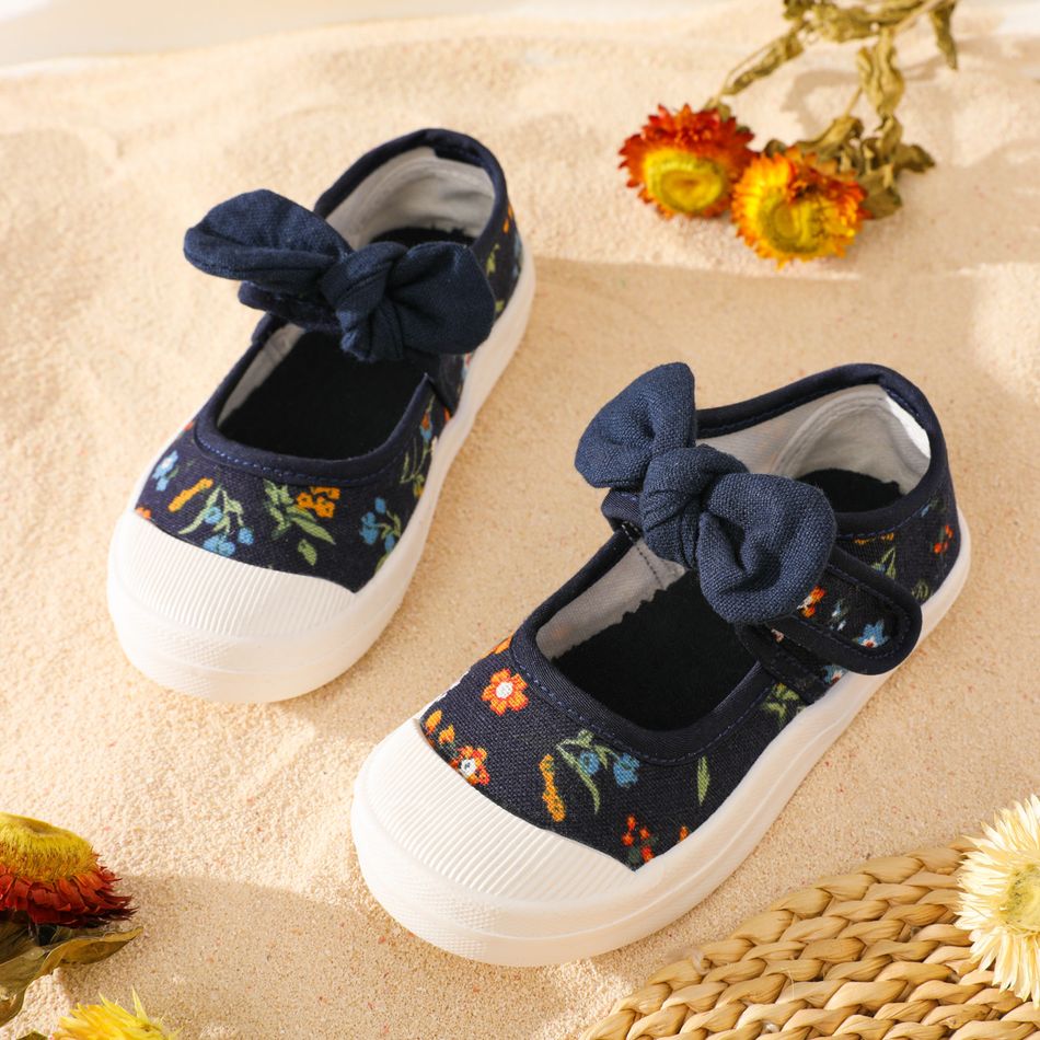 Toddler / Kid Floral Pattern Bow Velcro Canvas Shoes Dark Blue big image 2